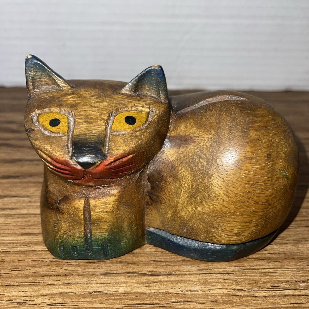 Vintage Hand Carved Wood Cat Shelf Sitter - 1980s Siamese Folk Art‎